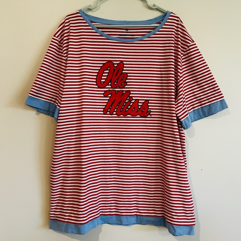 Emerson Street Ole Miss T Shirt Sz 3X Striped Red White Blue Cotton Short Sleeve